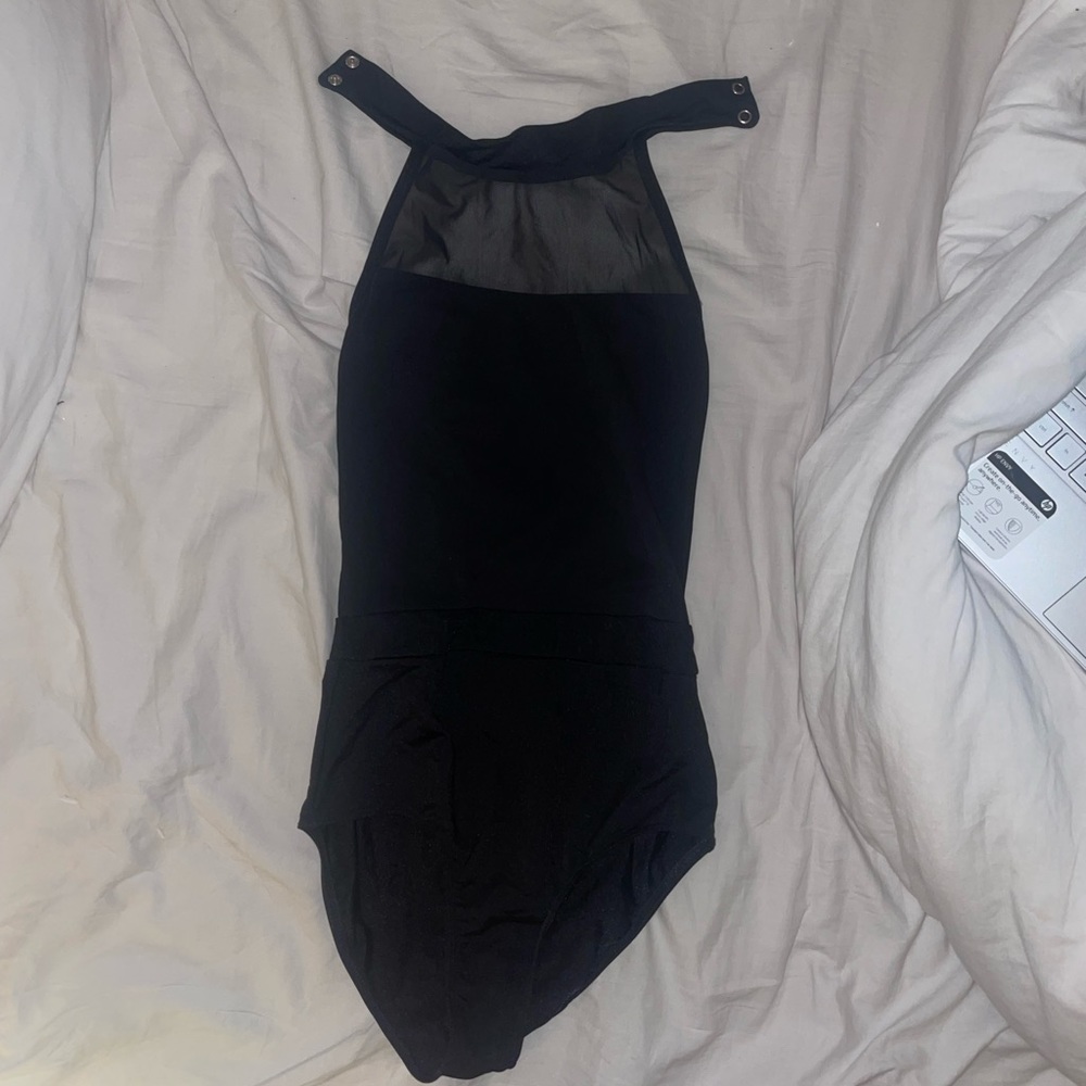 Black Mock Neck Leotard Mesh Low Back